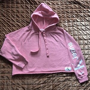 Calvin Klein Cropped Pink Hoodie Logo Sleeve Y2K Aesthetic Size M